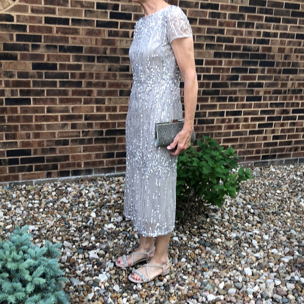 Adrianna Papell tea length gown.  Size 4, color taupe.